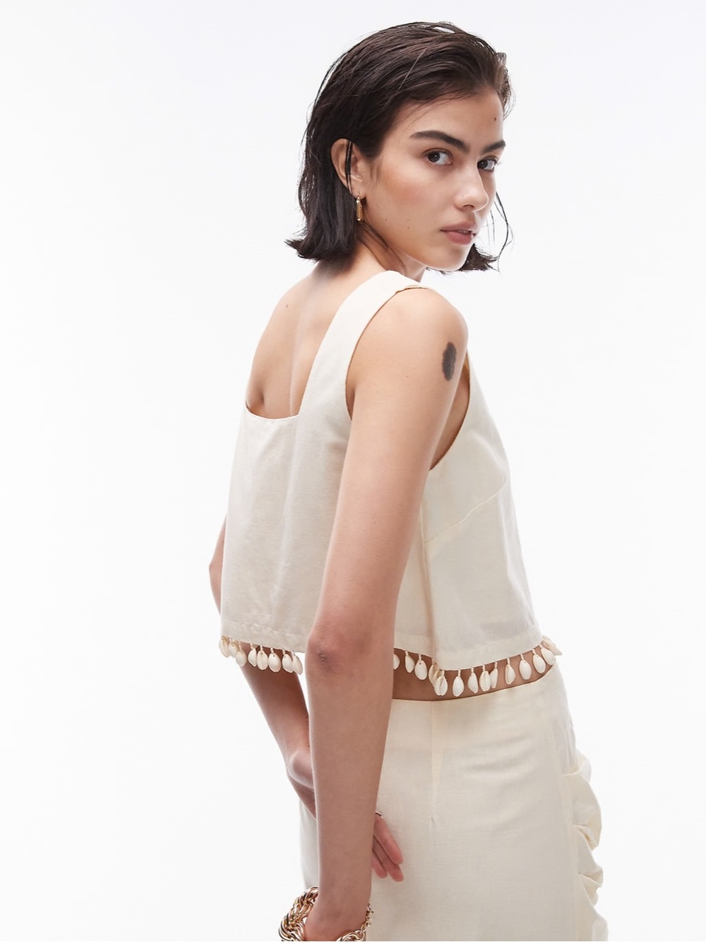 Topshop shell trim square neck crop top in buttermilk